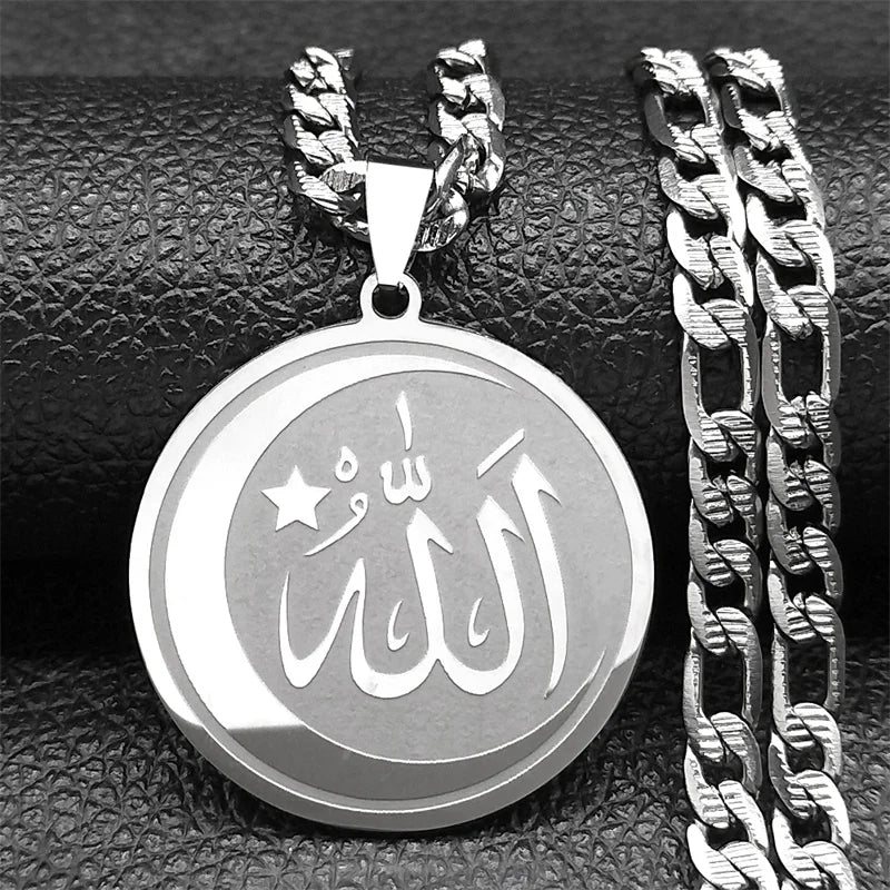 Muslim Islamic Quran Allah Crescent Moon Star Pendant Necklaces Stainless Steel Religious Amulet Ramadan Festival Jewelry