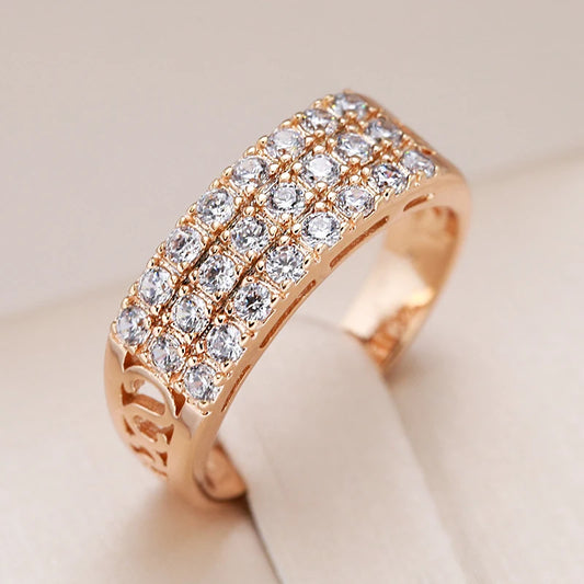 Kinel New 585 Rose Gold Ring Women Three Rows Micro-wax Inlay Natural Zircon Hollow Trendy Rings Fine Wedding Party Jewelry 2021