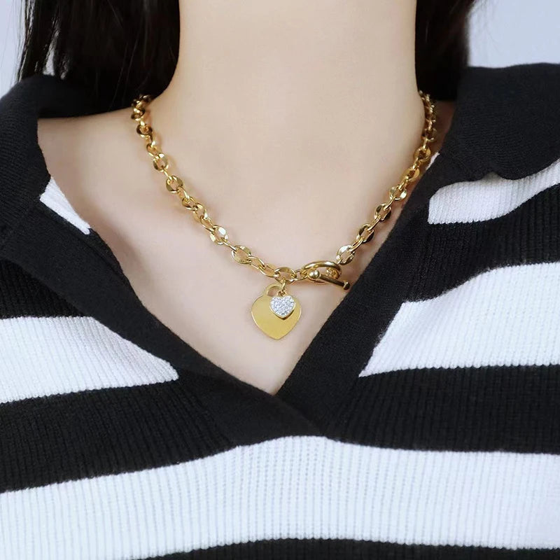 EILIECK New Fashion Stainless Steel Metal Double Heart Necklace Bracelet For Women Fashion Waterproof 3-Color Jewelry Set Gift