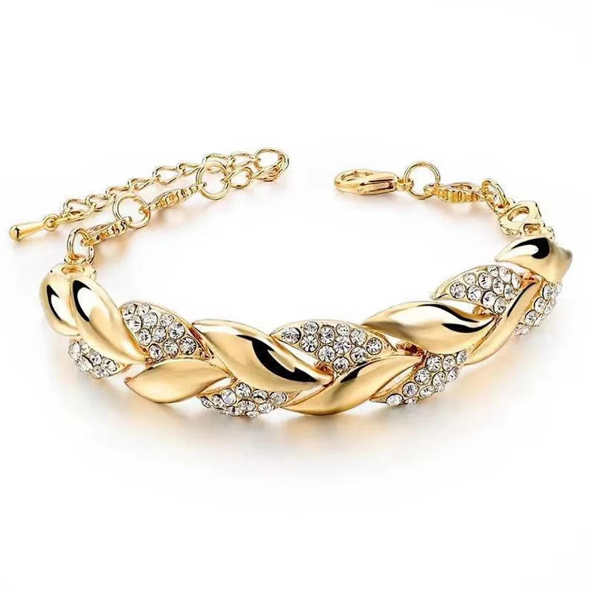 1PC Hip Hop Leaf Bracelet Women's Gold Twisted Shining Crystal Stone Pendant Bracelet Elegant Adjustable Chain Daily Jewelry