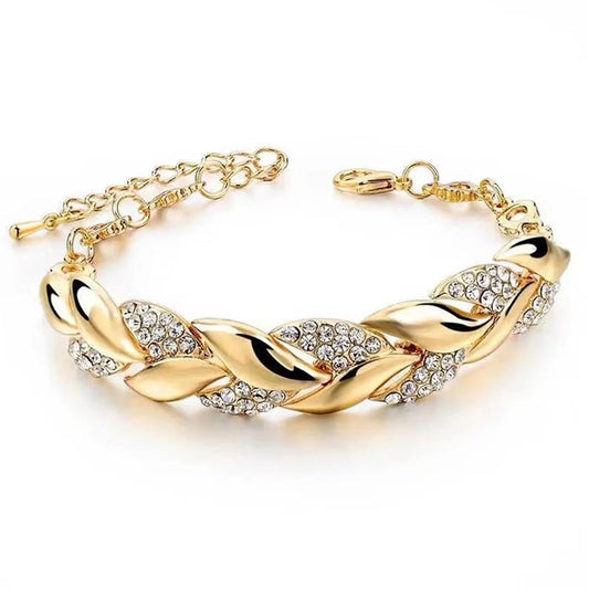 1PC Hip Hop Leaf Bracelet Women's Gold Twisted Shining Crystal Stone Pendant Bracelet Elegant Adjustable Chain Daily Jewelry