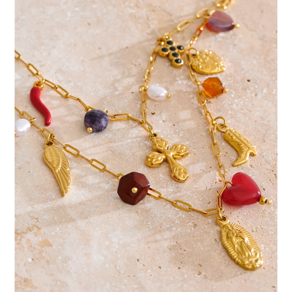 Yhpup Double-Layer Chain Heart Cross Religious Drop Stacking Charm Pendant Necklace 18K Golden Stainless Steel Statement Jewelry