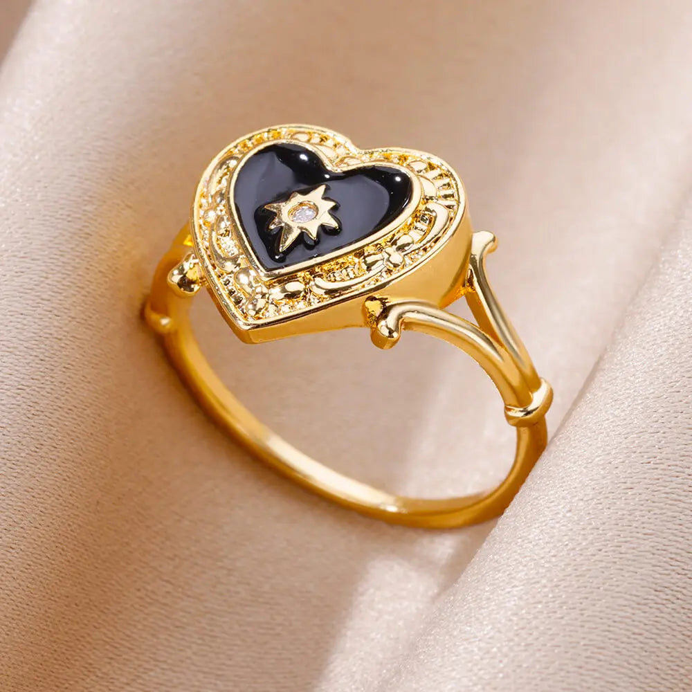 Gold Color Stainless Steel Ring for Women Colorful Cubic Zircon Heart Opening Adjustable Ring Fashion Jewelry Wedding Gift