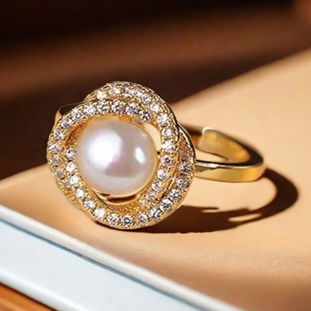 4pcs Rhinestone Jewelry Set Including Necklace, Earrings, Ring, Vintage Elegant Necklace Adorned With Faux Pearls In Petals Spri