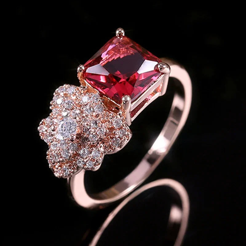 2025 New Elegant Red Corundum Ring with Extra Large Zircon Fashion Party Jewelry Flower Dove Egg Shining First