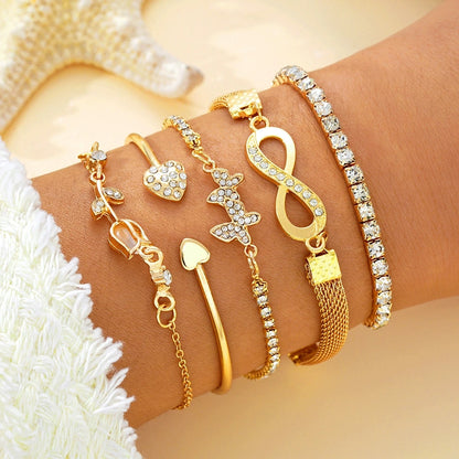 5Pcs Trendy Gold Color Bracelet Set For Women Tulip Butterfly Heart Infinity Charm Tennis Chain Bangle Female Party Jewelry