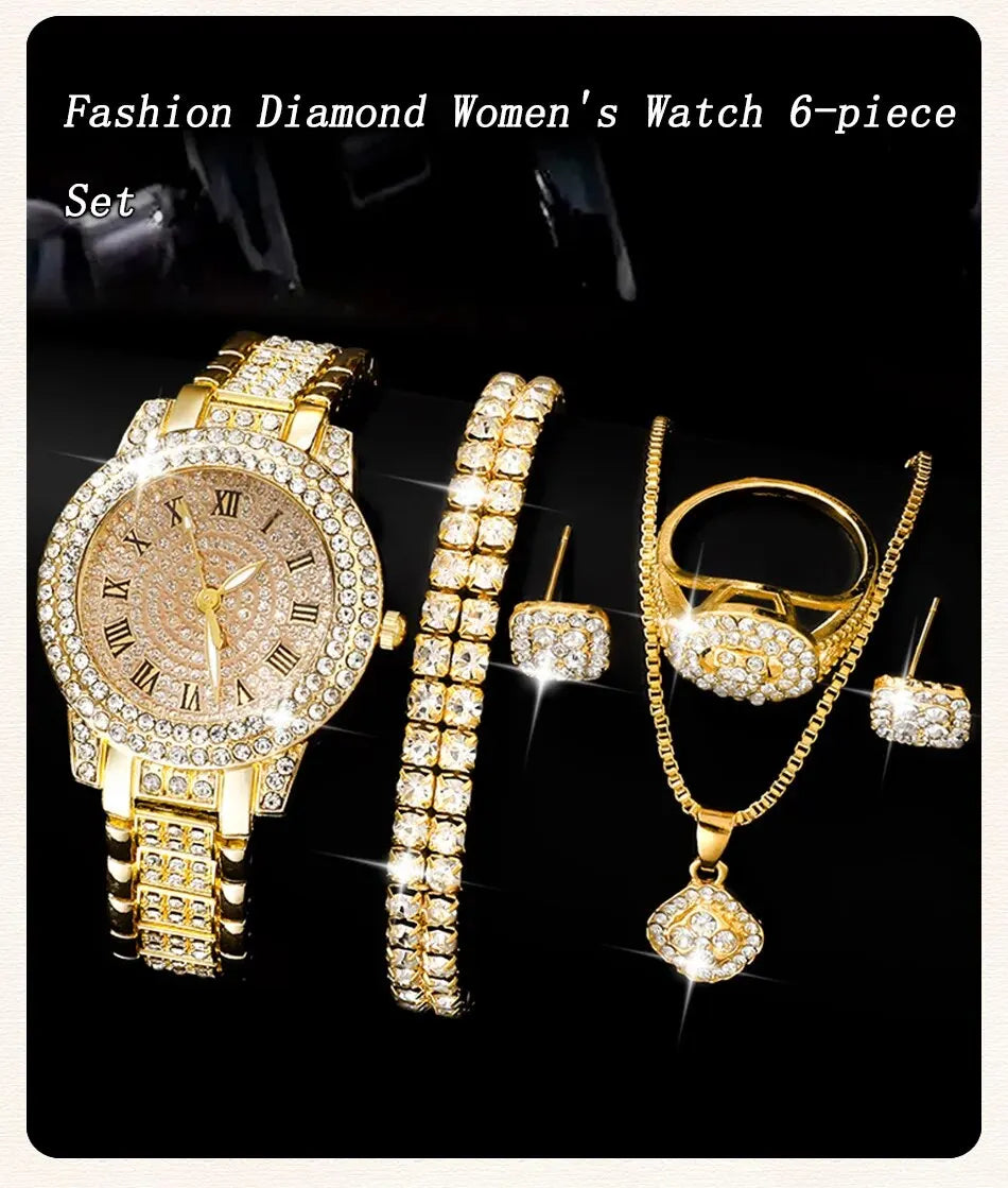 Golden Watch Women Ring Necklace Earrings Rhinestone Fashion Wristwatch Female Casual Ladies Watches Bracelet Set Clock