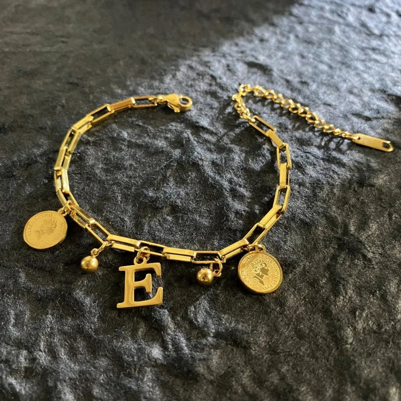 Queen Coin Letter 18K Gold-plated Stainless Steel Bracelet for Women Small Bell Pendant Adjustable Bracelet Classic Jewelry