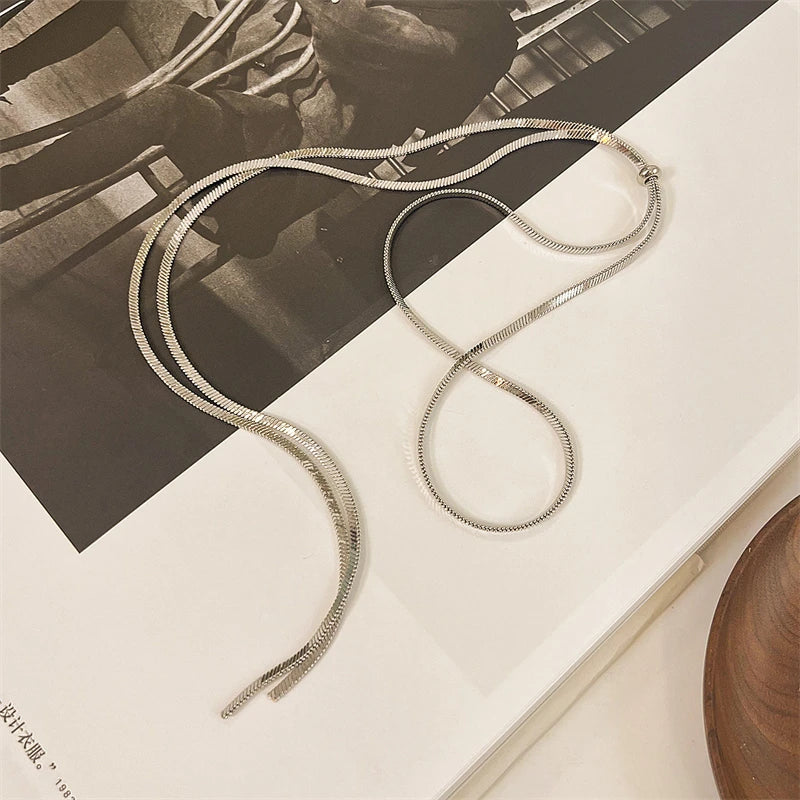 316L Stainless Steel New Fashion Fine Jewelry 134cm Pull Adjusting Charm Flat Snake Chain Choker Necklaces Pendants For Women