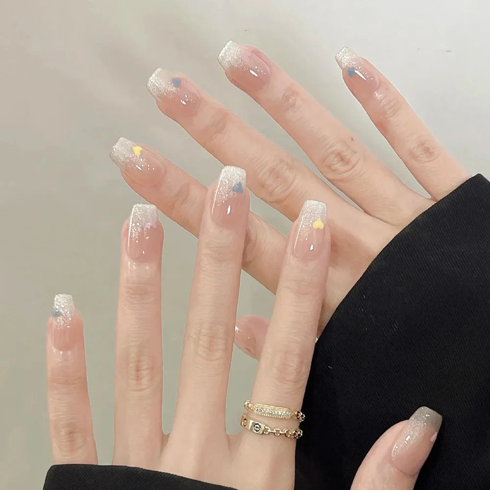 24Pcs Glitter Diamond Press On Nails Sweet Cute Girl Acrylic Nails Full Cover Short Square Fake Nails Wearable Manicure Nail Tip