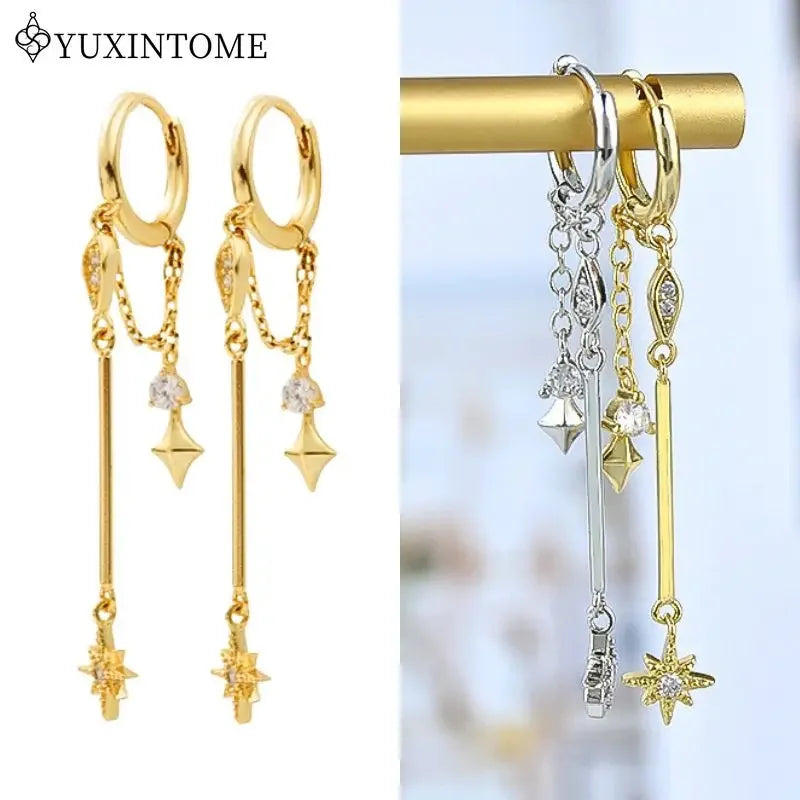 925 Sterling Silver Neddle Multi-pendant micro-embedded Chain Star Pendant Hoop Earrings For Women Fashion Party Jewelry Gifts