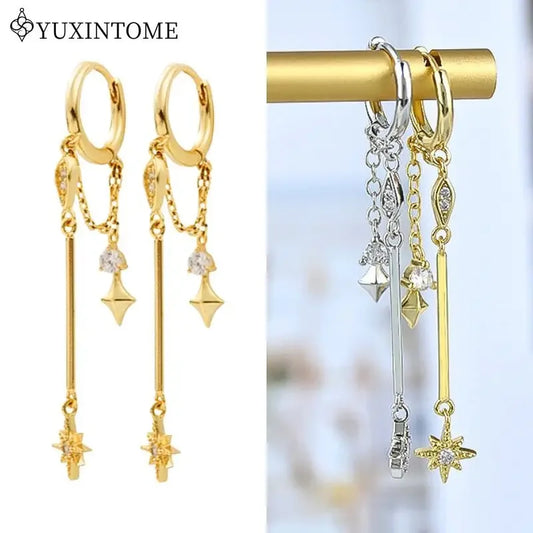 925 Sterling Silver Neddle Multi-pendant micro-embedded Chain Star Pendant Hoop Earrings For Women Fashion Party Jewelry Gifts