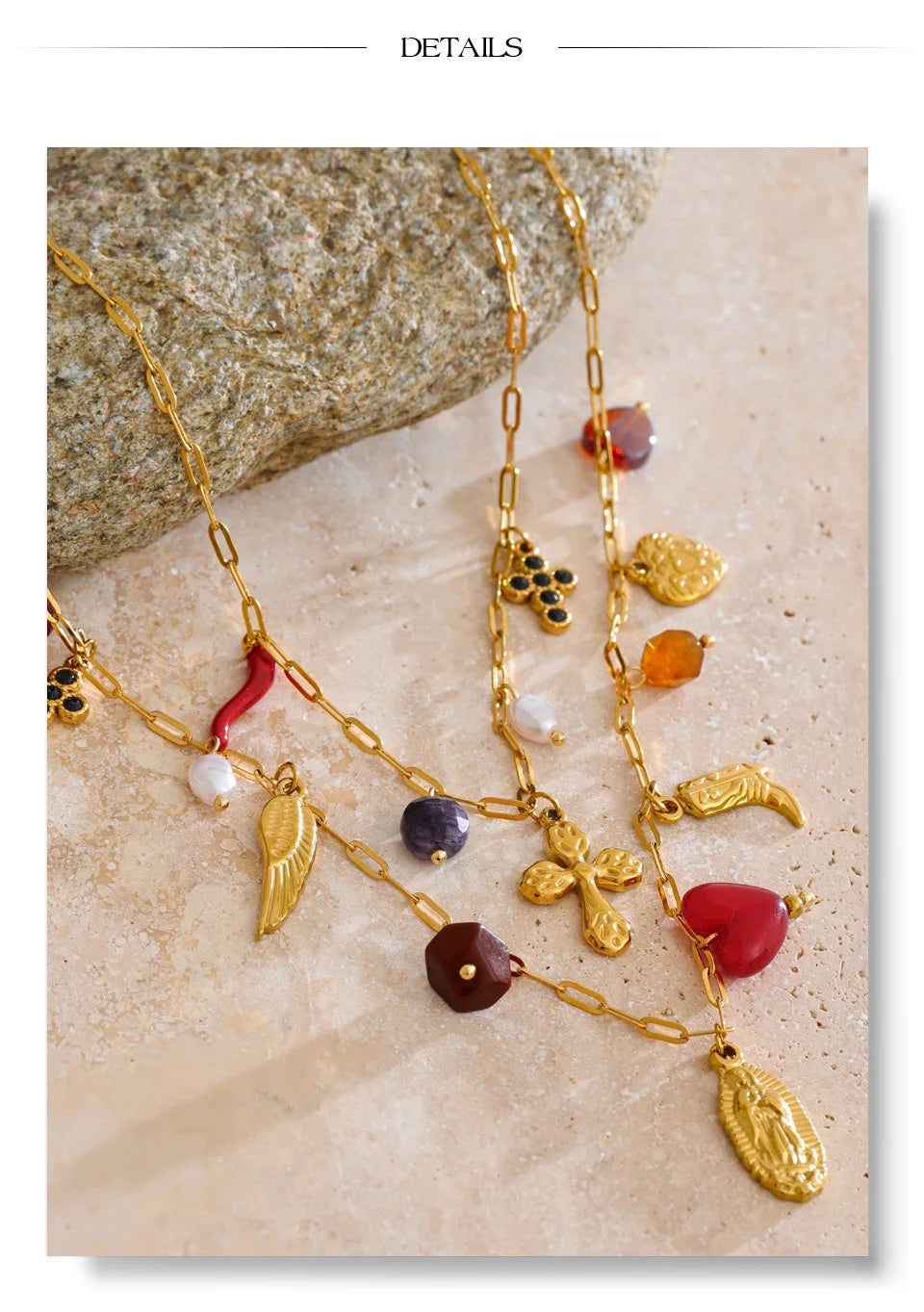 Yhpup Double-Layer Chain Heart Cross Religious Drop Stacking Charm Pendant Necklace 18K Golden Stainless Steel Statement Jewelry