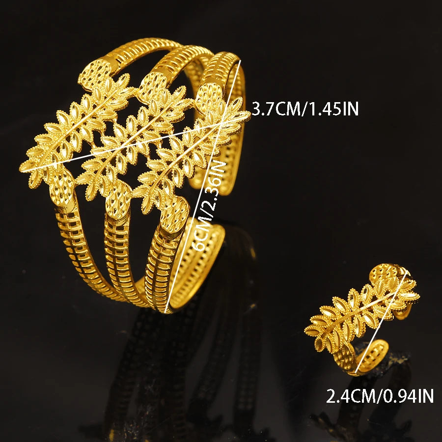 Middle East Cross border Dubai 24K Gold Plated Jewelry Set with Hollow Leaf Gold Leaf Bracelet Ring Two Piece Set