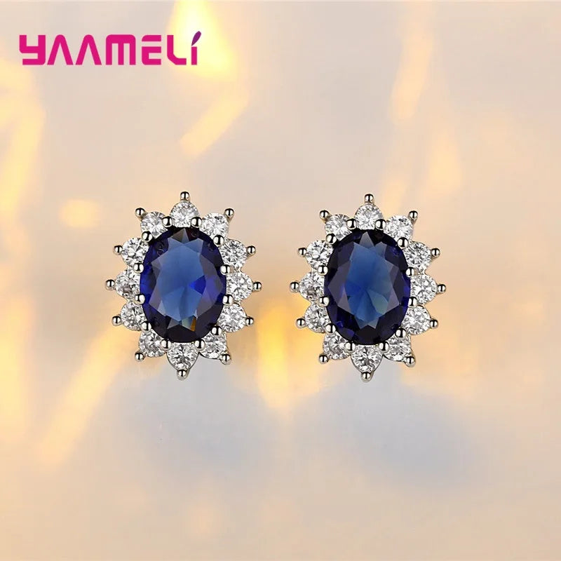 Authentic 925 Sterling Silver Plated Women Wedding Engagement Jewelry Sets Princess Oval Zircon Crystal Necklace Earrings Ring