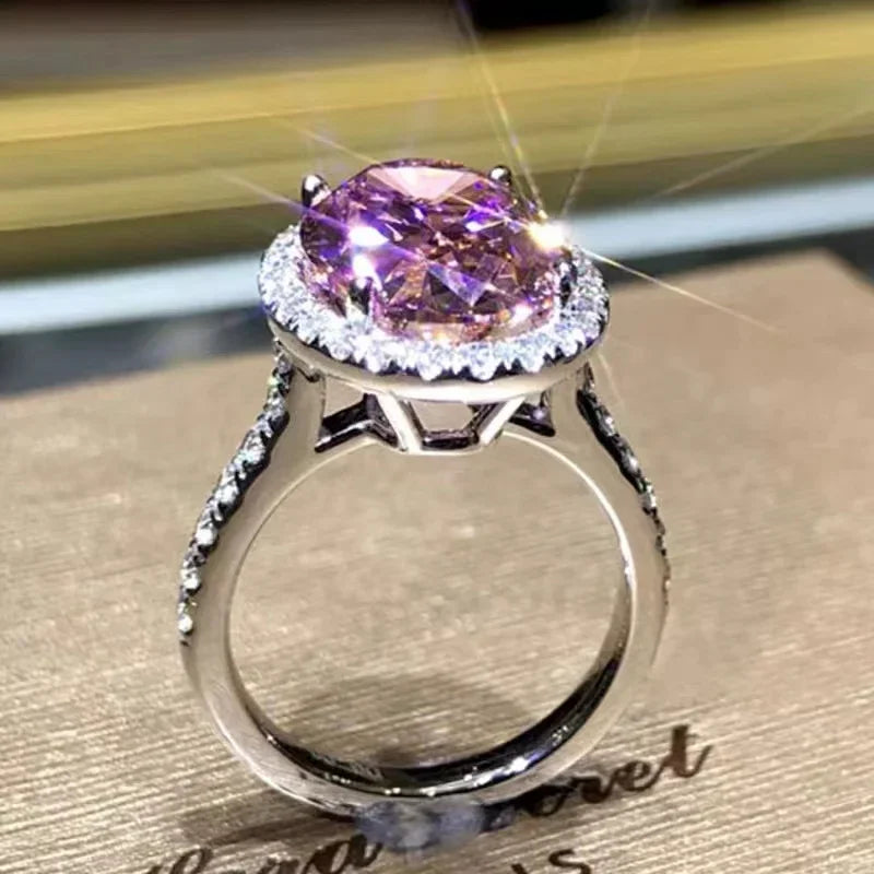 Pink Cubic Zirconia Ring Suitable for Women's Engagement Wedding Luxury Accessories Sparkling Silver Fashion Jewelry