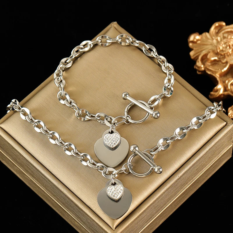 EILIECK New Fashion Stainless Steel Metal Double Heart Necklace Bracelet For Women Fashion Waterproof 3-Color Jewelry Set Gift