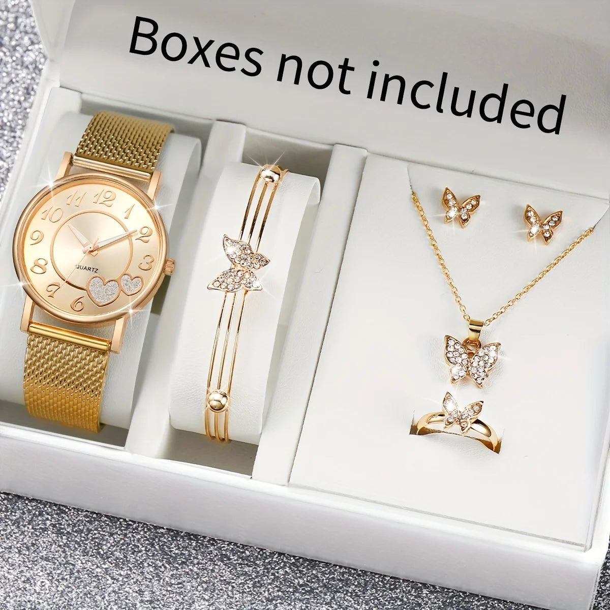 3/6PCS Fashion Heart Women's Watch Plastic Band Analog Golden Quartz Watches Butterfly Jewelry Set(Without Box)