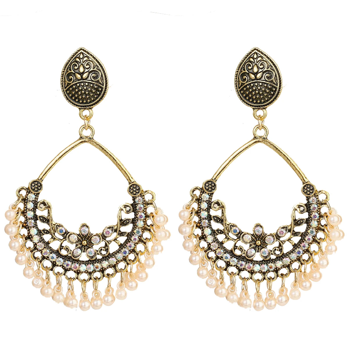Ethnic Retro Green Sector Carved Turkish Jhumka Earrings For Women Indian Jewelry Pearl Tassel Earrings