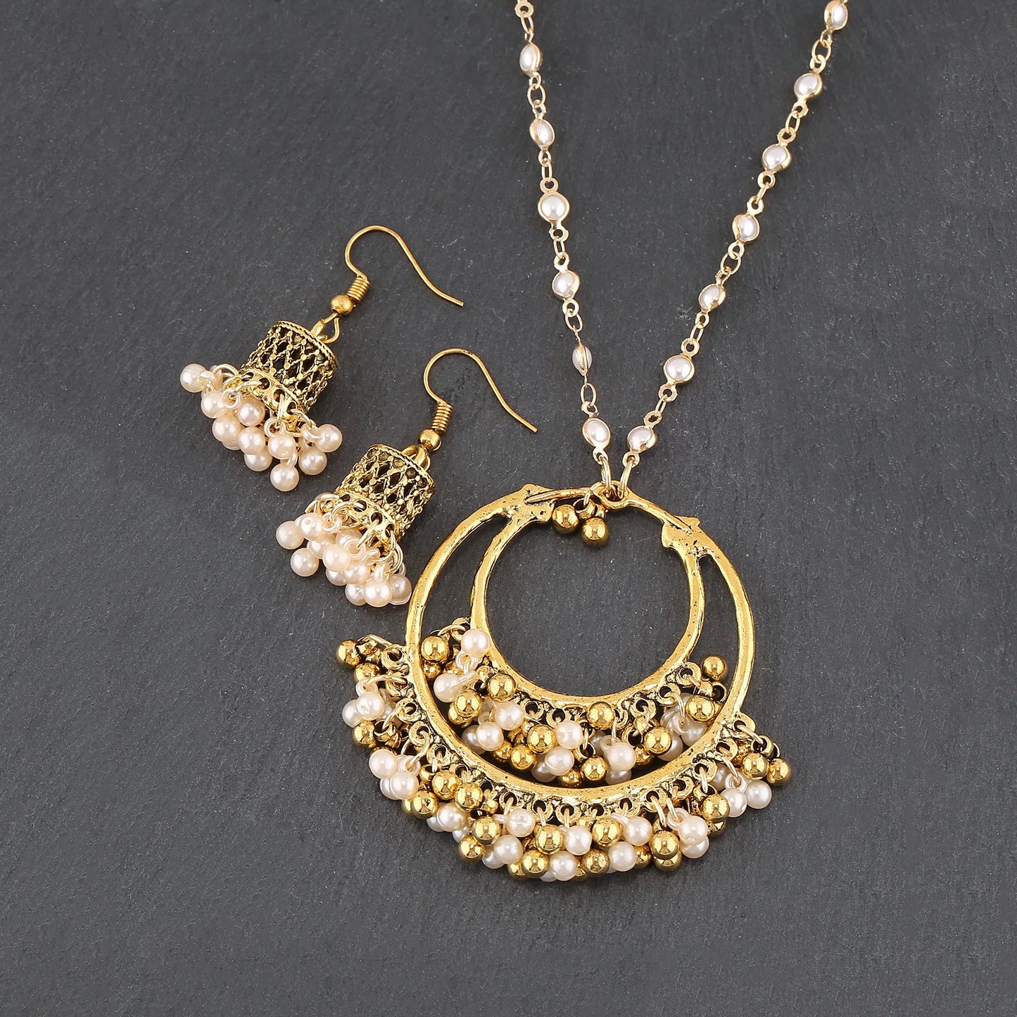 Luxury Retro Indian Jewelry Set Earring/Necklace Bijoux Wedding Jewelry Hangers Ethnic Carved Jhumka Earrings