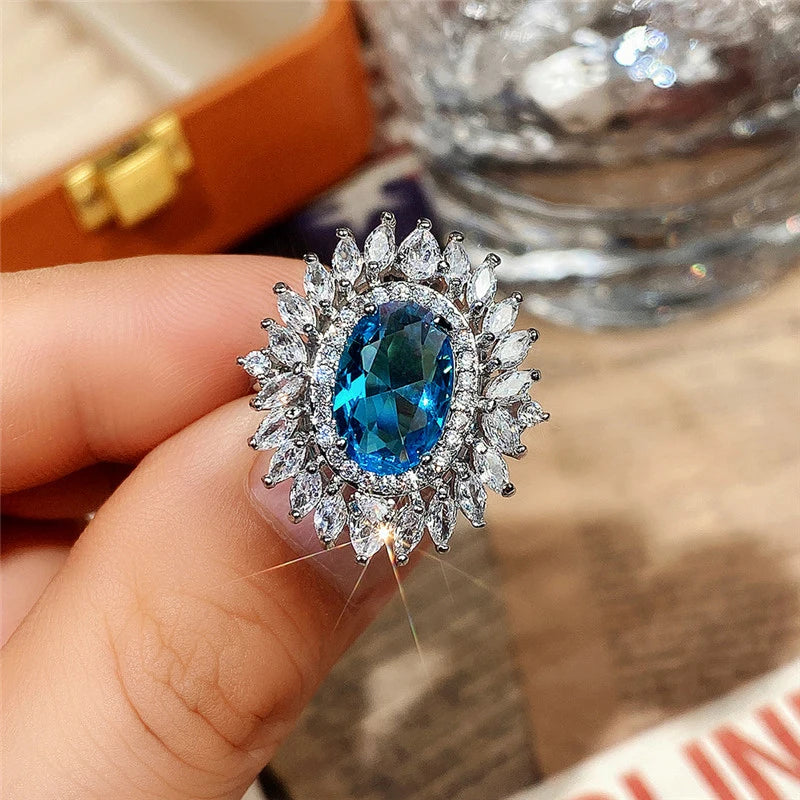 2025 New Fashion Sea Blue Cubic Zirconia Women's Wedding Ring Luxury Engagement Party Elegant   Brilliant Jewelry