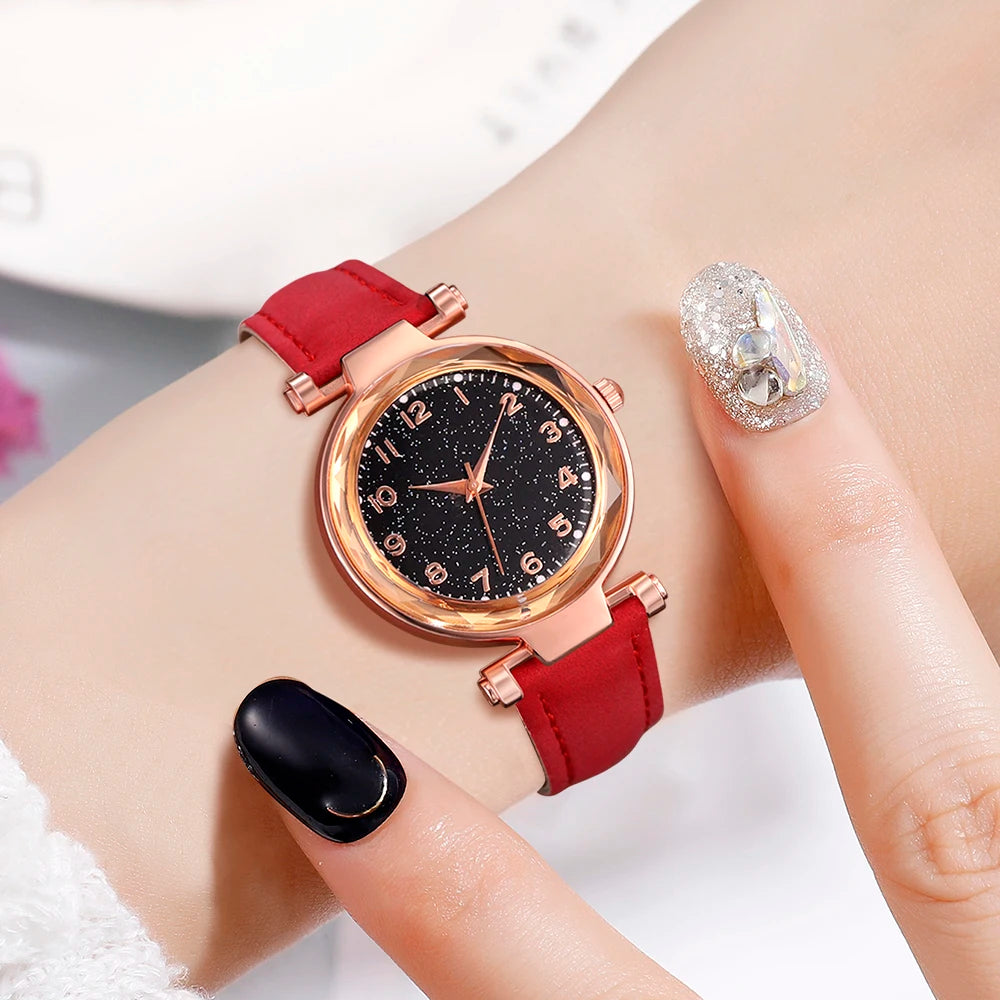 6PCS/Set Red Women's Watch With Minimalist Elements Dial Quartz Watch Latex Strap Cherry Elements Jewelry Set Girl's Gift