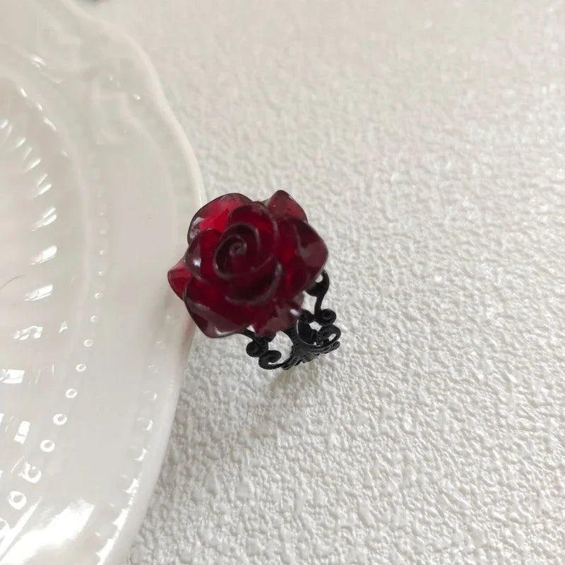 Punk Gothic Red Rose Rings Adjustable Hollow Rings for Women Witch Pagan Vintage Halloween Cool Girl Gift Party Jewelry Gift