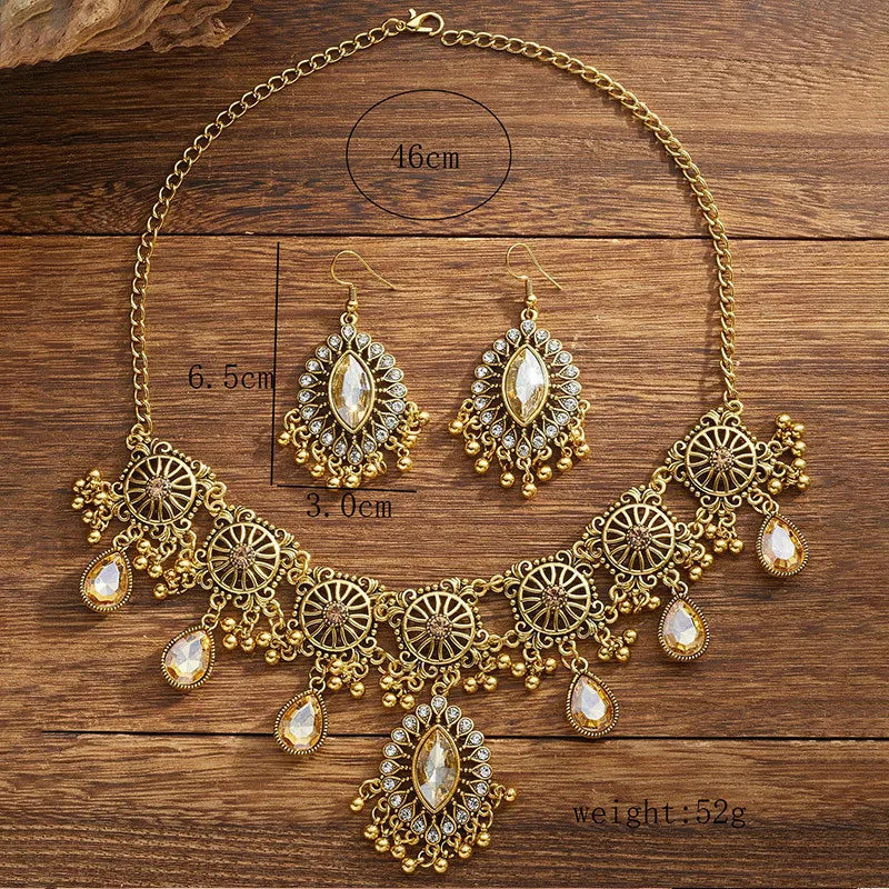 Ethnic Vintage Jewelry Set Resin Stone Jewelry Sets Hollow Metal Water Drop Pendant Necklace Earrings Set For Women Gift Jewelry