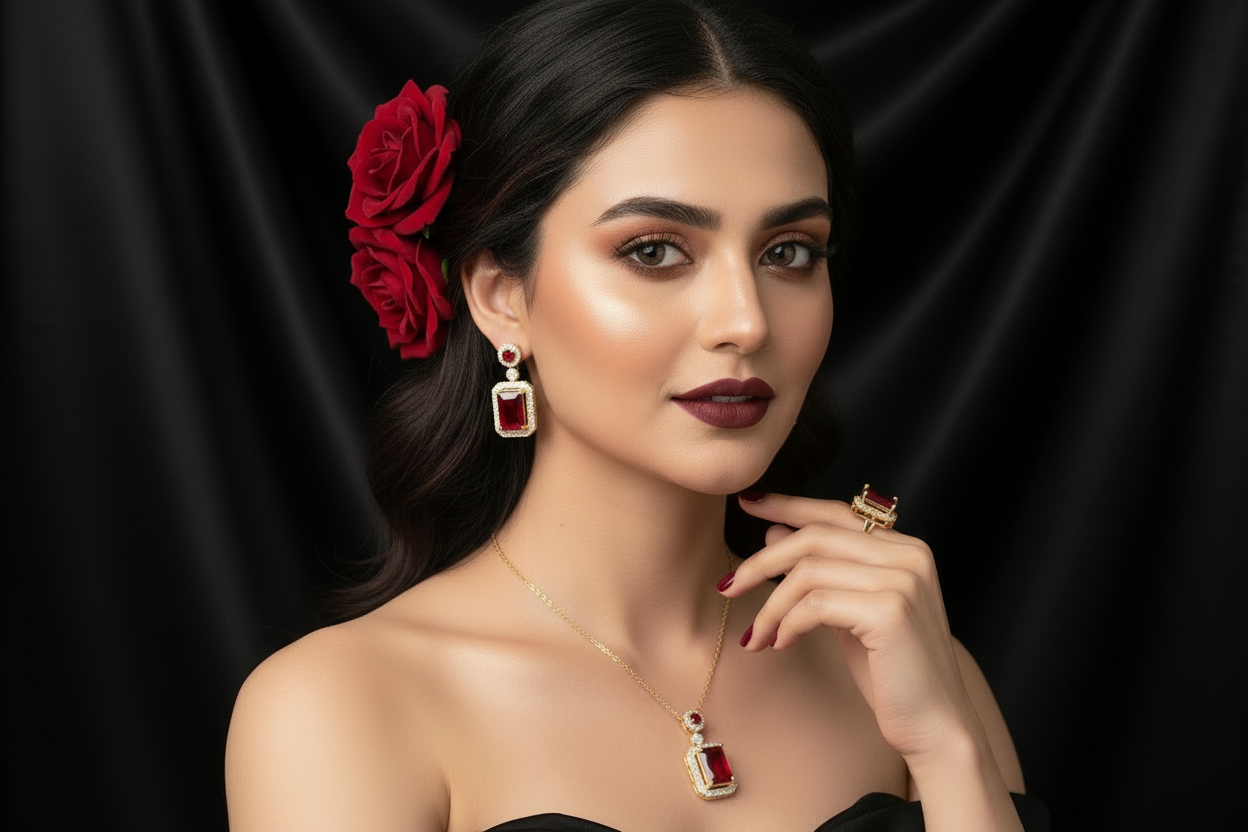 Zenat Exquisite Emerald Necklace Earrings Ring 3 Piece Set