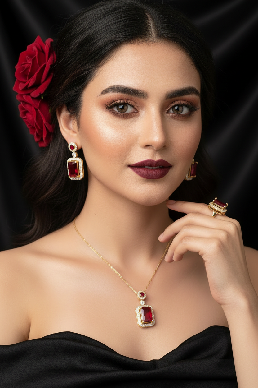 Zenat Exquisite Emerald Necklace Earrings Ring 3 Piece Set