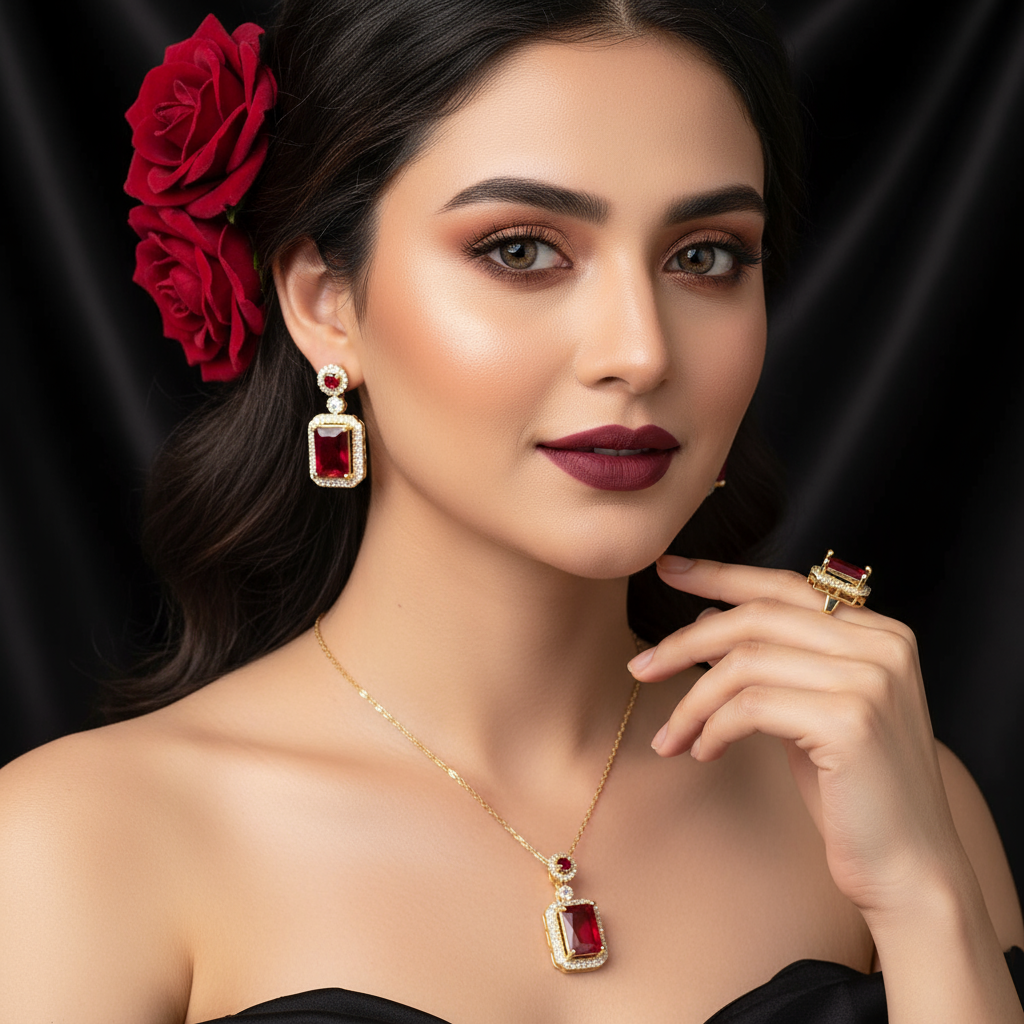 Zenat Exquisite Emerald Necklace Earrings Ring 3 Piece Set