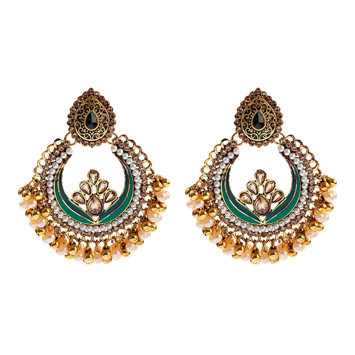 Ethnic Retro Green Sector Carved Turkish Jhumka Earrings For Women Indian Jewelry Pearl Tassel Earrings