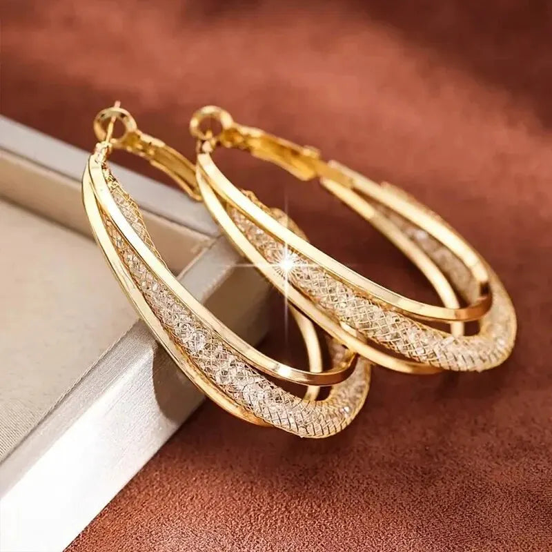 Gold Color Crystal Stone Hoop Earrings Twisted Metal Shape Silver Plating New Fashion Women Earrings Party Jewelry Birthday Gift
