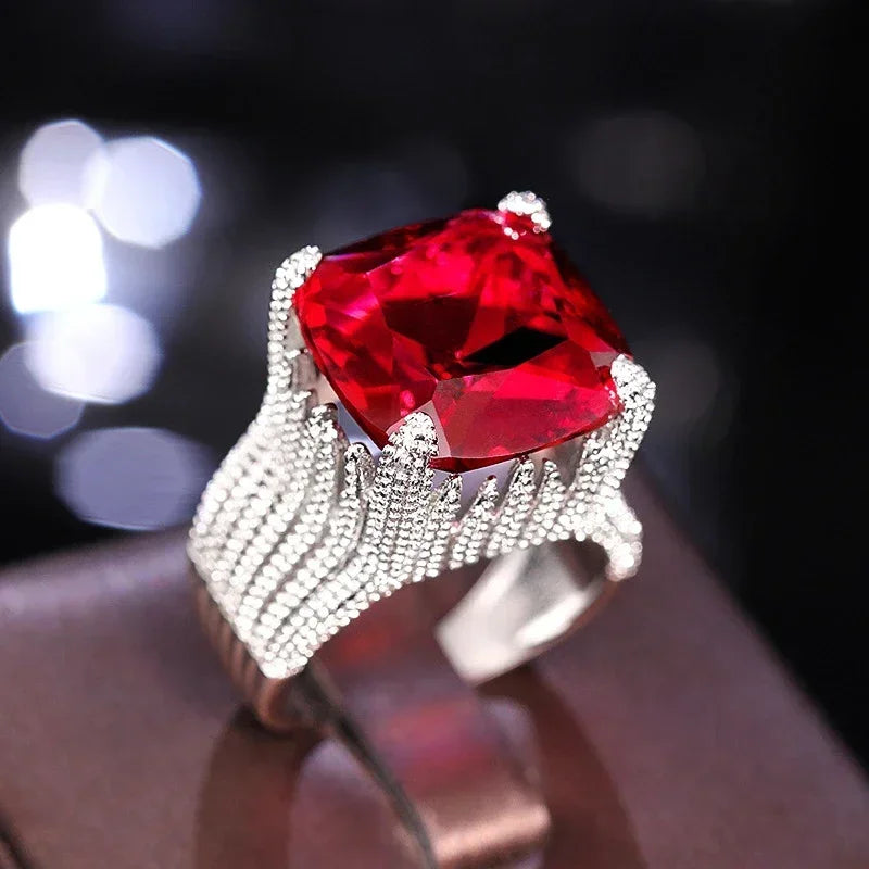 2025 European and American Red Cubic Zirconia Ring, Oval Geometric Fashion Temperament Elegant and Dazzling Jewelry Accessories