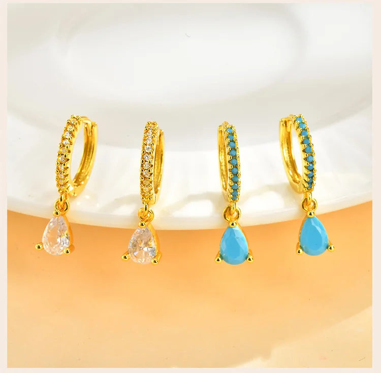 Delicate Cubic Zirconia Drop Earring for Women, Turquoise Droplets