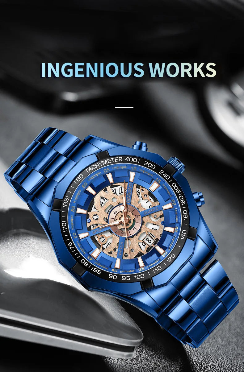 2025 Mens Quartz Watches Top Brand Luxury Stainless Steel Waterproof Hollow Out Blue Big Male Wristwatches Relogio Masculino
