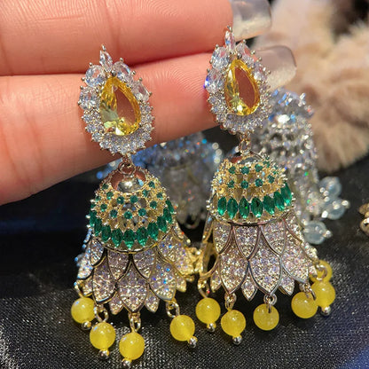 New Indian Jhumka Jhumki National Personality Style Bell Colorful Cubic Zirconia Tassel Earrings Women Jewelry Bohemian Earrings