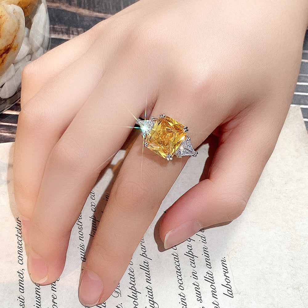 Huitan Geometric Shaped Yellow Cubic Zirconia Rings Silver Color Wedding Bands for Women Brilliant Accessories  Party Jewelry