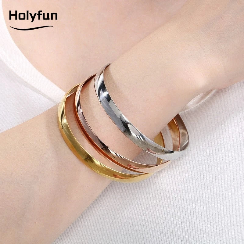 Holyfun 60mm Waterproof 316L Stainless Steel Round Smooth Bracelet Bangle Women Minimalist 18k Gold Color Texture Charm Jewelry