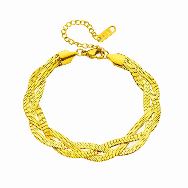 DIEYURO 316L Stainless Steel Golden 3in1 Crossover Snake Chain Necklace Bracelet For Womens New Fashion Waterproof Jewelry Set