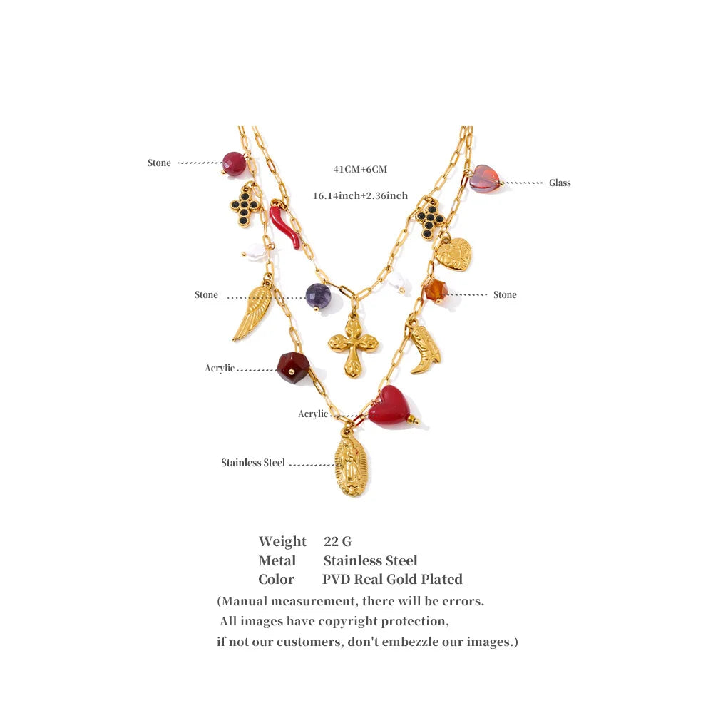 Yhpup Double-Layer Chain Heart Cross Religious Drop Stacking Charm Pendant Necklace 18K Golden Stainless Steel Statement Jewelry