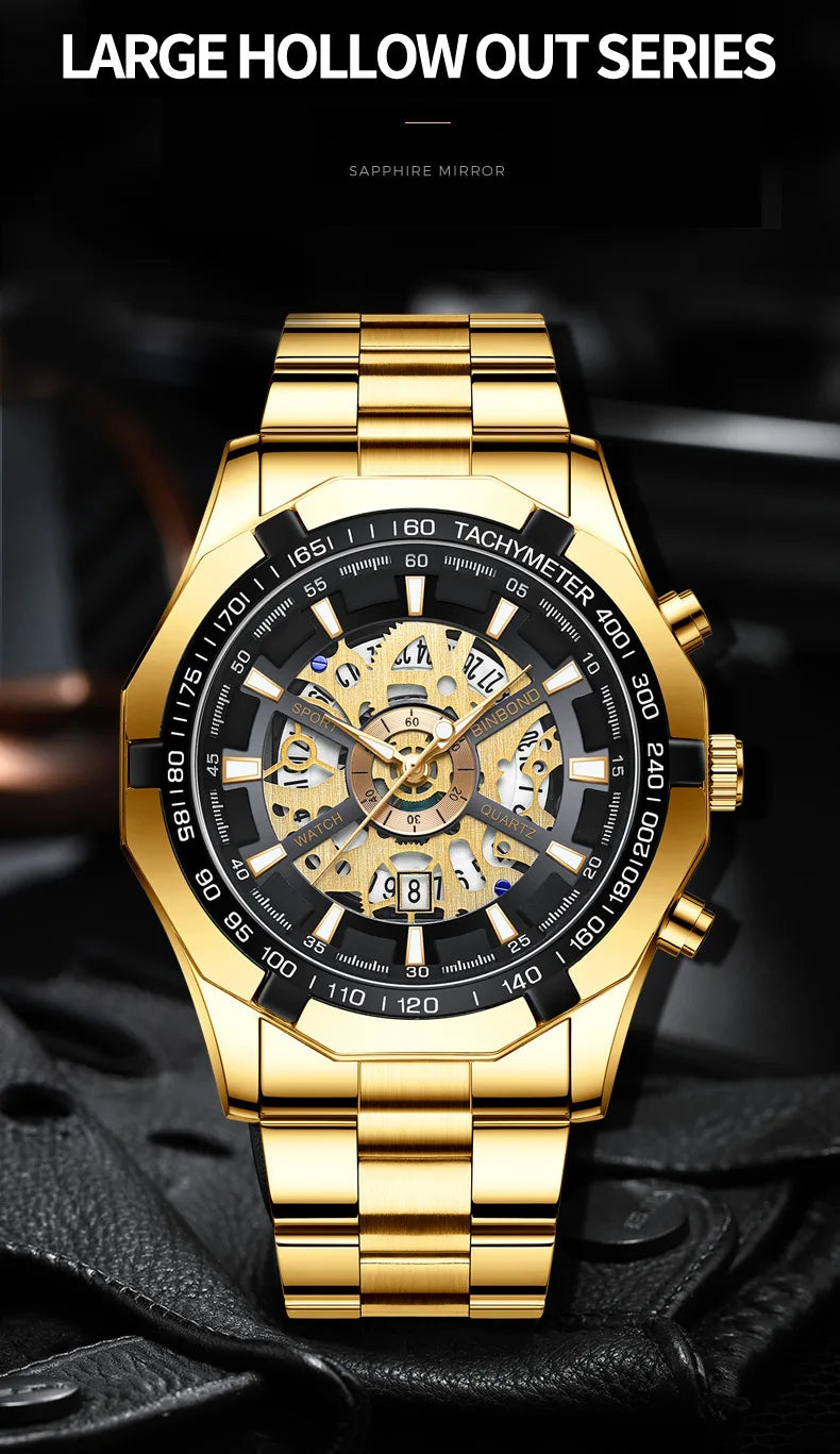 2025 Mens Quartz Watches Top Brand Luxury Stainless Steel Waterproof Hollow Out Blue Big Male Wristwatches Relogio Masculino