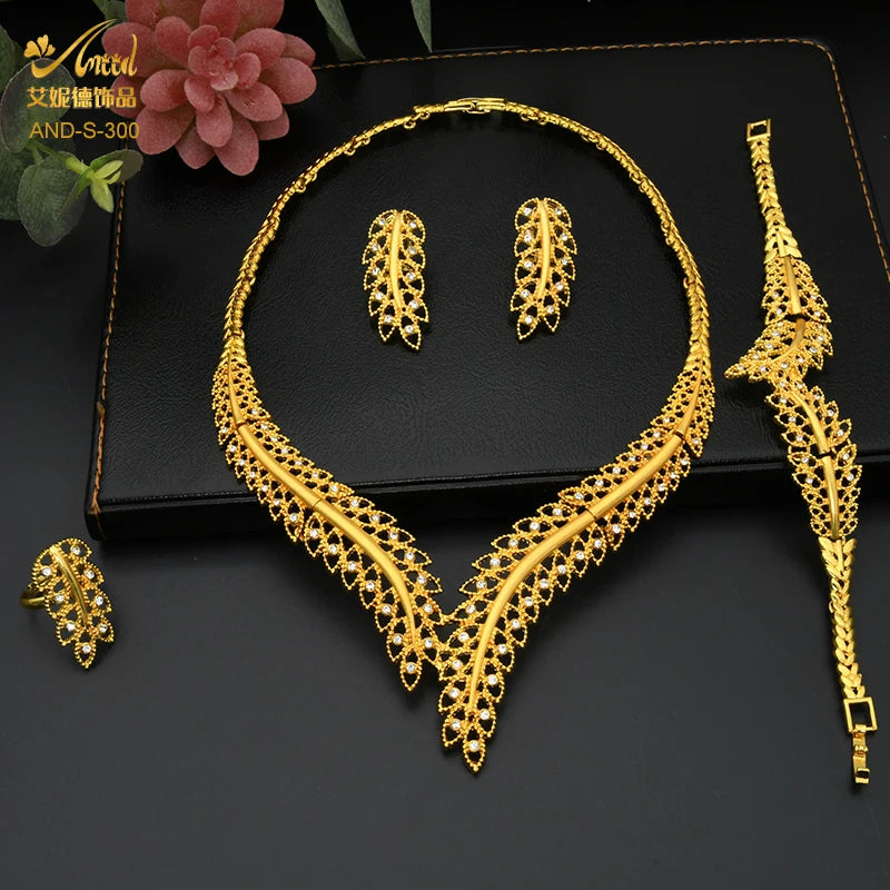 ANIID Dubai Jewelry Sets Gold Color 24k Luxury Big African Nigerian Necklace Bracelets Earring Ring For Wedding Jewelri Party