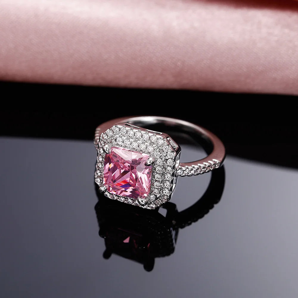 Style Pink Sparkling Zircon Princess Square Engagement Ring for Ladies and Girlfriends Luxury Proposal  Gift Fashion Jewelry