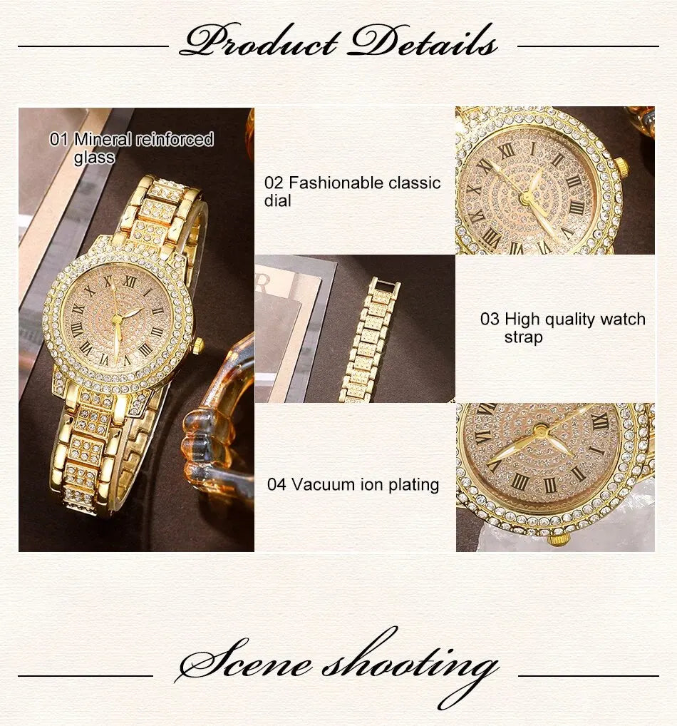 Golden Watch Women Ring Necklace Earrings Rhinestone Fashion Wristwatch Female Casual Ladies Watches Bracelet Set Clock