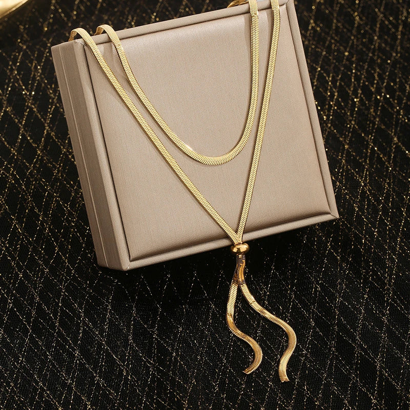 316L Stainless Steel New Fashion Fine Jewelry 134cm Pull Adjusting Charm Flat Snake Chain Choker Necklaces Pendants For Women