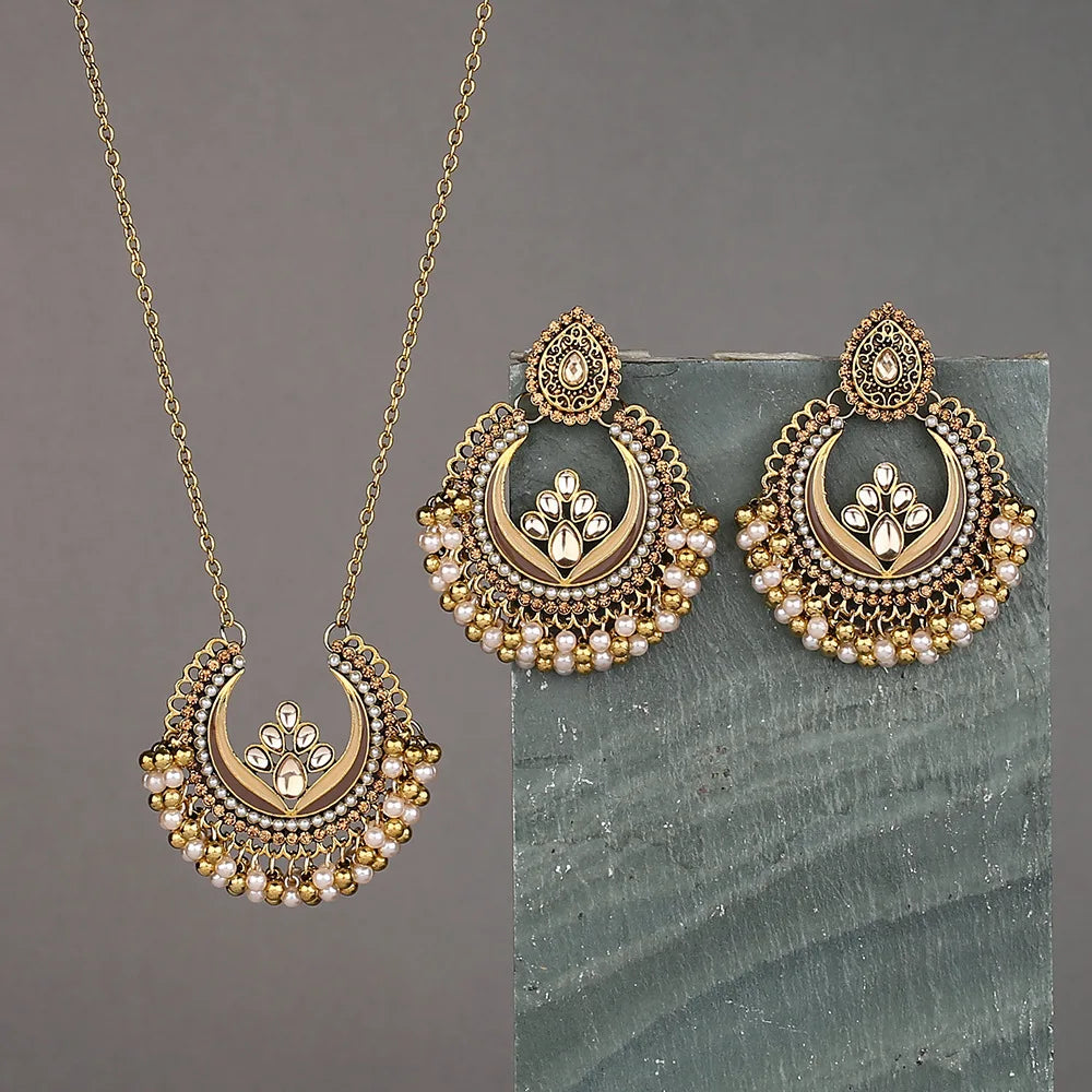 Luxury Retro Indian Jewelry Set Earring/Necklace Bijoux Wedding Jewelry Hangers Ethnic Carved Jhumka Earrings