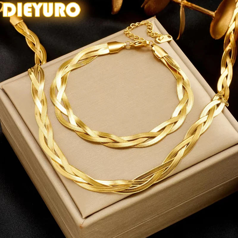 DIEYURO 316L Stainless Steel Golden 3in1 Crossover Snake Chain Necklace Bracelet For Womens New Fashion Waterproof Jewelry Set