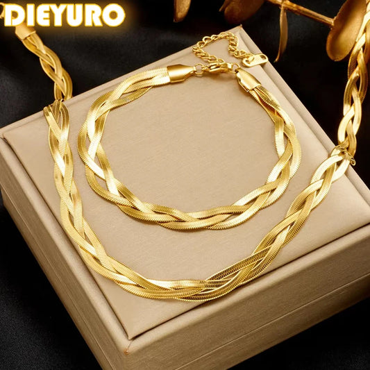 DIEYURO 316L Stainless Steel Golden 3in1 Crossover Snake Chain Necklace Bracelet For Womens New Fashion Waterproof Jewelry Set