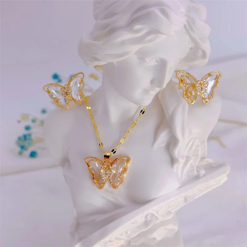 Fashion European and American Cute Micro-inlaid Butterfly Necklace Earrings Set Classic Light Luxury Transparent Stainless Steel